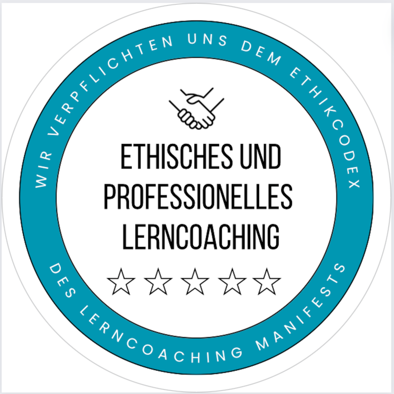 Symbol mit Händen und textlicher Auszeichnung zu ethischem Lerncoaching und 5 Sternen.